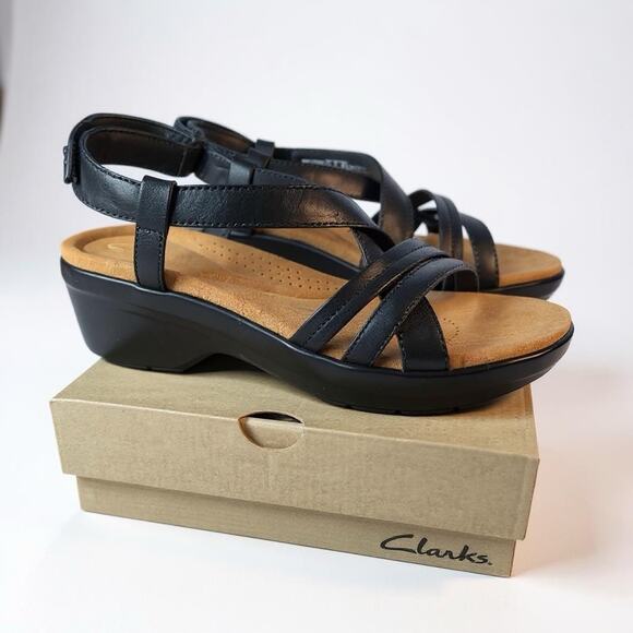Clarks Artisan Black Leather Sandals Women's 8M Strappy Comfort Dressy Wedge Low - Picture 1 of 13